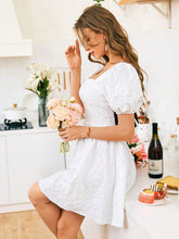 Women Jacquard Woven Fabric Square Neck Short Sleeve Mini Dress